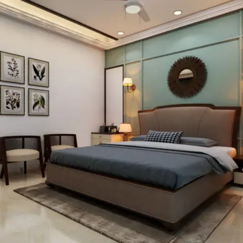 Sage-green moulded panel wall behind a brown leather-upholstered bed, with a rattan sunburst mirror centred between two brass swing-arm sconces