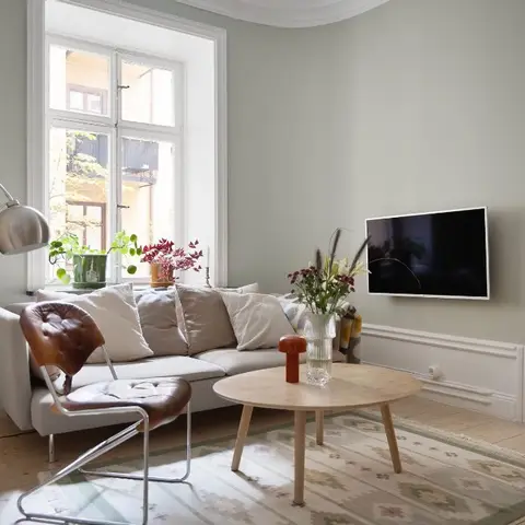 Scandinavian living room corner with a sage-green wall, wall-mounted TV, a tan leather sling chair, and a round oak coffee table on a patterned rug.