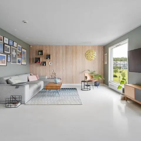 Scandinavian-style living room with a sage-green accent wall, light wood tongue-and-groove panelling, a grey sectional sofa