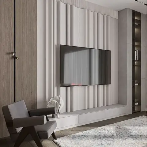 Sculptural wave-fluted wall panel behind a mounted TV, paired with a mid-century sling armchair and a dark recessed display niche.