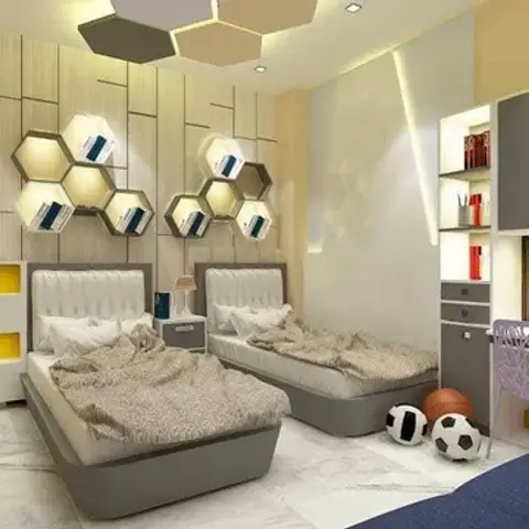 Shared kids' room render with two grey upholstered single beds, a cluster of backlit hexagon shelves on a wood-slat headboard wall