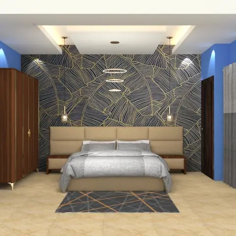 Simple render of a bedroom with a navy-and-gold banana-leaf mural behind a wide beige upholstered headboard, mid-blue side walls washed by spots