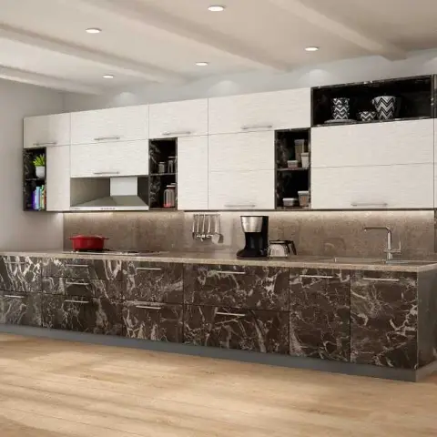 Single-wall kitchen render where dark brown marble-print base drawers sit under cream textured wall cabinets broken by black open display niches