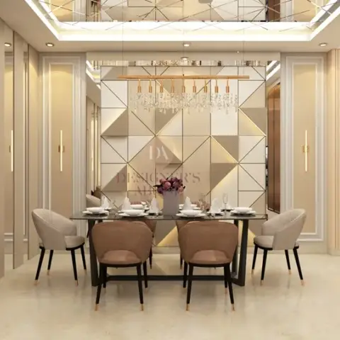 Six-seater glass dining table under a linear crystal chandelier, backed by a beige-and-mirror triangular panel feature wall with gold inlay lines