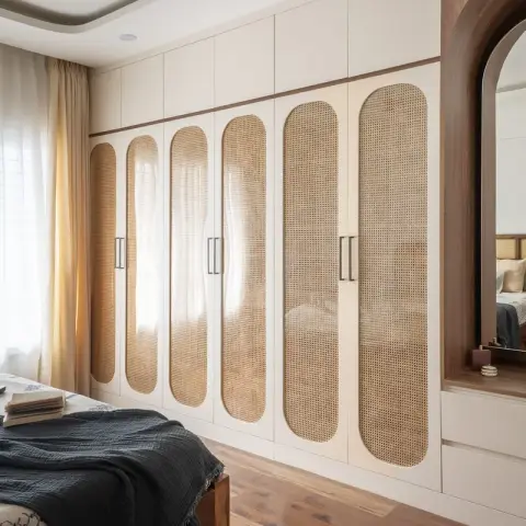 Six-shutter ivory wardrobe run with tall arched cane-webbed inserts, ending in a walnut-framed arched mirror over a drawer dresser