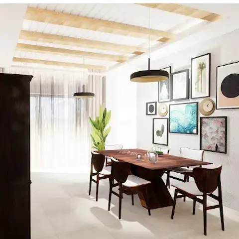 Small dining room with a dark wood trestle table and mismatched chairs under two black drum pendants