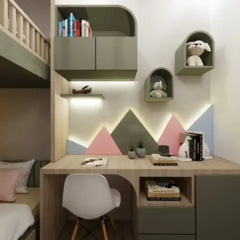 Small kids' room render with a built-in bunk, the lower berth turned into a cushioned sage nook holding a teddy, an oak desk running the length of the wall