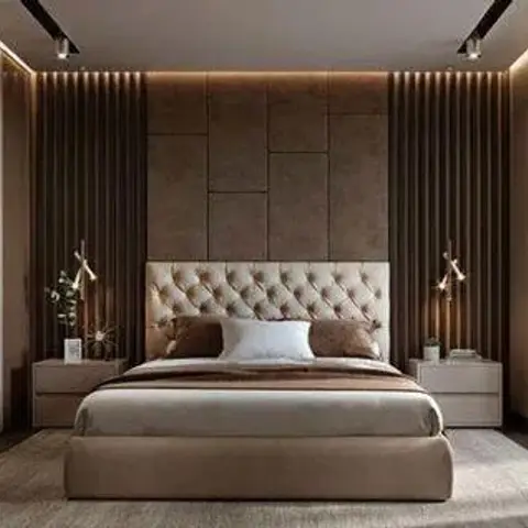 Small low-resolution render of a bedroom with a diamond-tufted cream headboard set against square leather-look wall pads