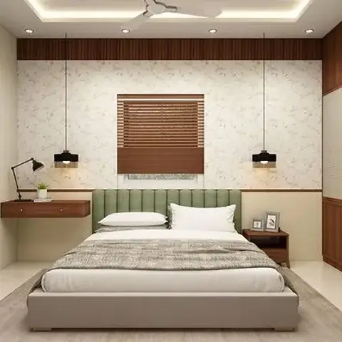 Small render of a bedroom with a sage channel-tufted headboard flanked by two black cylinder pendants on long drops, floating walnut bedside ledges
