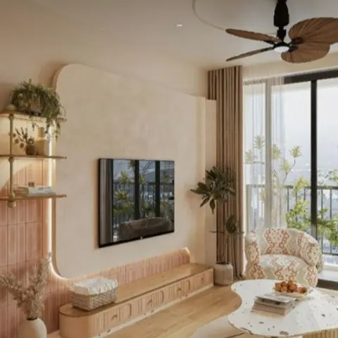 Small render of a peach lime-plaster living wall whose rounded corner arch frames the TV, with a fluted pink console lit from beneath