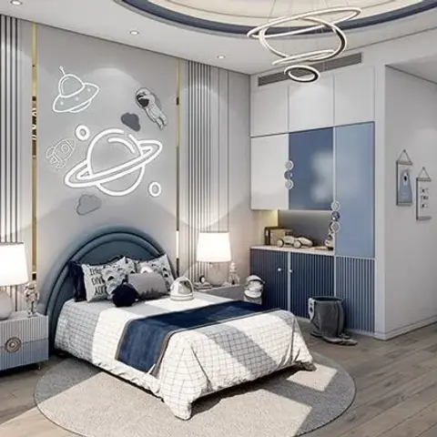 Small, soft render of a space-themed child's room - rocket and planet line decals over the grey wall, a curved blue upholstered headboard