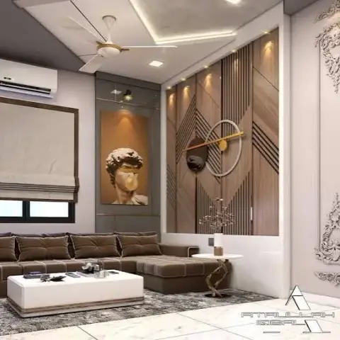 Small watermarked render of a living room with a brown tufted L-sofa and white block coffee table facing a wood-slat feature wall in mixed chevron and vertical