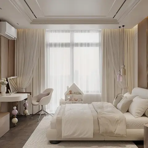Soft cream kids' bedroom with a dollhouse toy by the window, a whimsical bobble-leg vanity table, pastel pink pendant lights and a cove-lit tray ceiling.