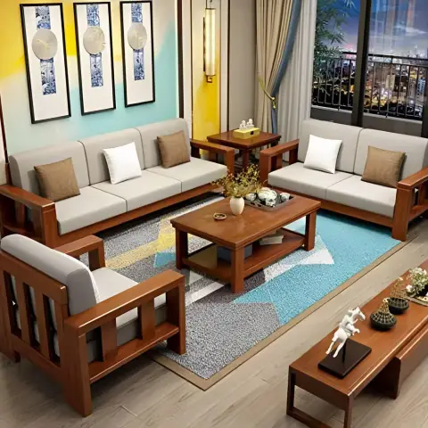 Solid wood-frame sofa set with light upholstery around a matching wood coffee table on a teal-and-grey geometric rug