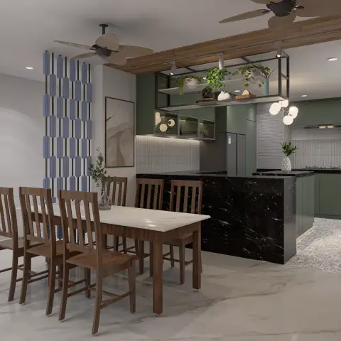Solid wood six-seater dining set on white marble, screened from an olive-green open kitchen by a hanging blue tile divider