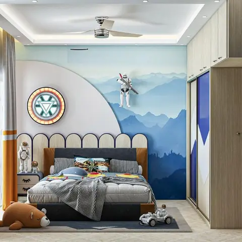 Space-themed kids' bedroom with an arched blue mountain-silhouette mural, a circular arc-reactor wall light, stormtrooper and astronaut figurines