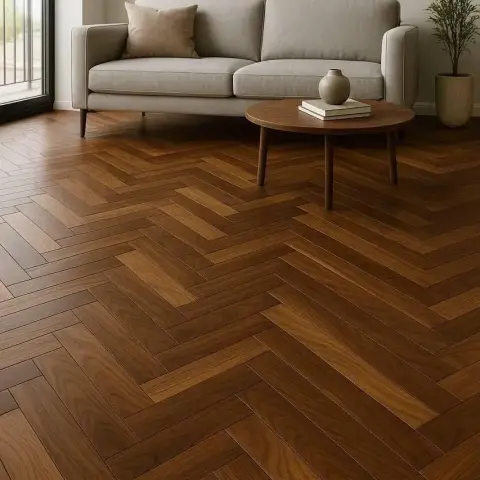 Sparse living corner shot low across a wide walnut-toned herringbone floor, with a pale grey two-seater against a bare wall