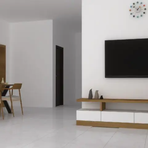 Sparse render of a white open living-dining where a wall-length oak-and-white floating TV console sits under a ball-spoke clock