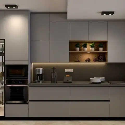 Straight-line kitchen with matte grey cabinetry, a glass-fronted crockery display unit, a built-in oven