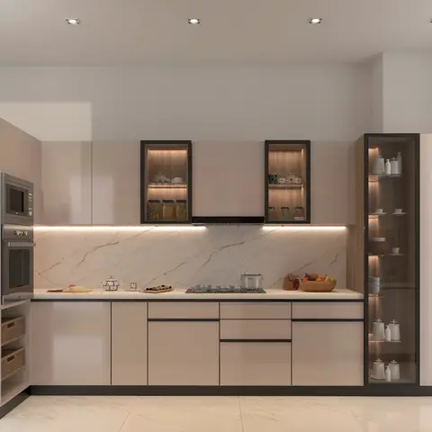 Straight-line modular kitchen in blush pink cabinetry with a marble-effect backsplash, a built-in oven and microwave tower