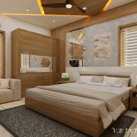 Studio-watermarked render of a bedroom with light-oak laminate throughout: a sliding mirror wardrobe, a wood-panelled ceiling section carrying the fan