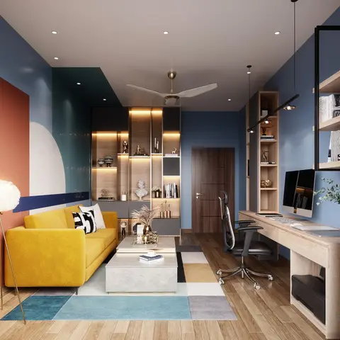 Study nook with a built-in desk and open shelving beside a color-blocked lounge corner featuring a mustard-yellow sofa and a patchwork rug.