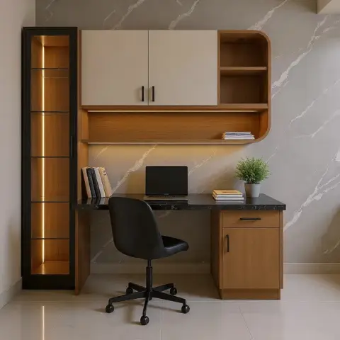 Study nook with a curved wood-and-cream overhead cabinet, a black stone desktop, and a backlit tall display unit against a marble-pattern wall.