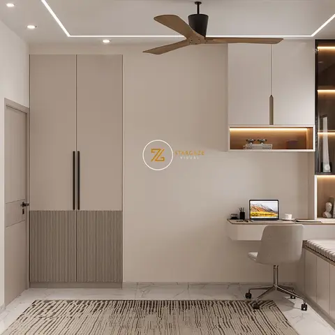 Study nook with a floating desk and pendant light beside a two-tone fluted wardrobe, an open display shelf with cove lighting
