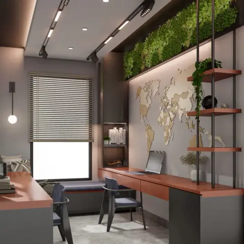 Study render with a terracotta-topped desk run wrapping two walls under a wooden inlaid world map, a preserved-moss band above it