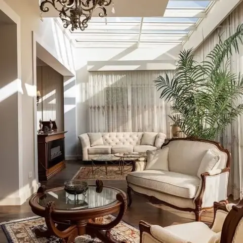 Sun-striped sitting room under a sloping glass conservatory roof, with a wrought-iron candelabra chandelier, carved walnut-frame settees in cream