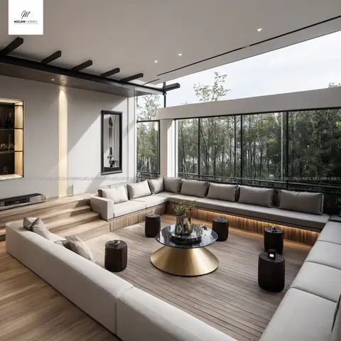 Sunken living lounge with a step-down wood deck, U-shaped upholstered bench seating with under-seat accent lighting, a round brass-based glass coffee table