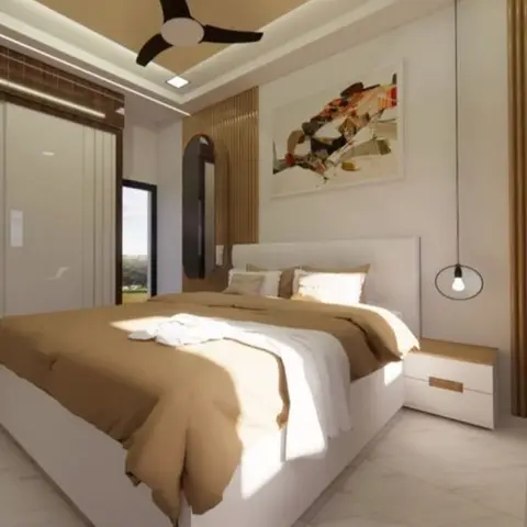 Sunlit bedroom render with a high-gloss ivory sliding wardrobe on one wall, fluted wood panelling behind the bed