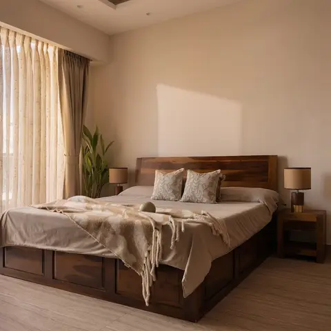 Sunlit bedroom with a solid wood storage bed, matching wood nightstands with drum-shade lamps, and sheer curtains opening onto a city-view balcony.