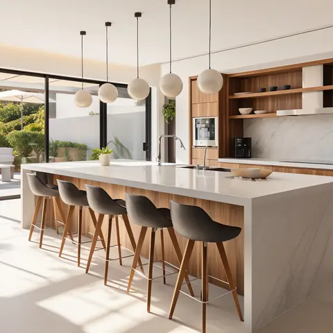 Sunlit kitchen with a long marble waterfall island, five round pendant lights, and warm walnut cabinetry opening onto an outdoor patio