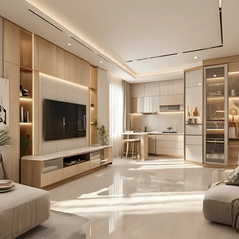Sunlit render of a living room whose full-wall oak veneer unit wraps a TV in backlit open niches over a stone-topped console