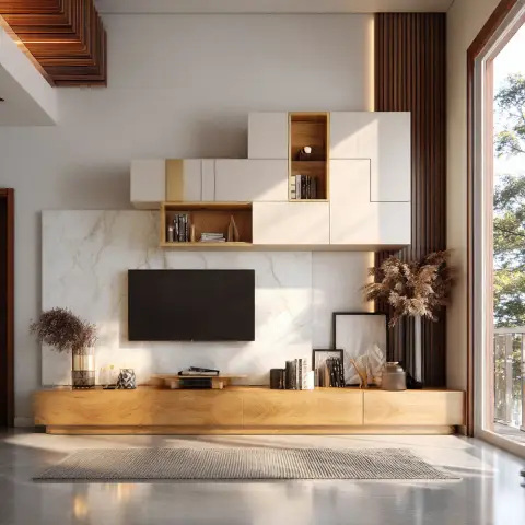 Sunlit TV wall where a white marble slab panel backs the screen above a long oak plinth console