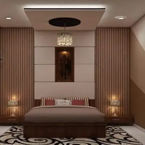 Symmetrical bedroom render where dark fluted wood panels flank a cream leatherette bed-back holding a single framed deity portrait