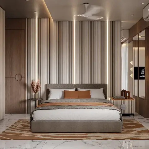 Symmetrical bedroom render wrapped floor-to-ceiling in cream fluted panelling, a grey upholstered bed dressed with a rust throw and matching cushion