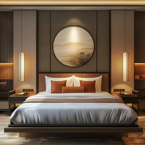 Symmetrical bedroom with a circular landscape artwork centred on a fluted taupe headboard wall, twin drop pendants over matching nightstands