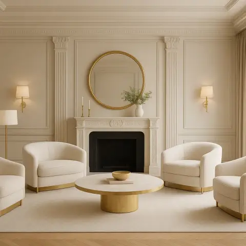 Symmetrical cream sitting room where four bouclé barrel chairs on brass plinths ring a round travertine coffee table