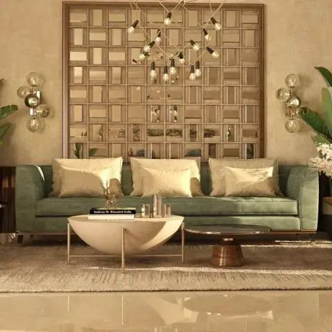 Symmetrical living room render built around an olive velvet three-seater under a wood-framed square jaali screen with mirrored insets