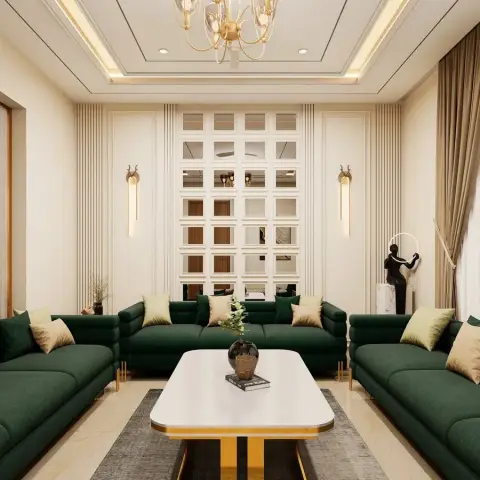 Symmetrical living room with three dark-green sofas around a white marble coffee table with gold trim