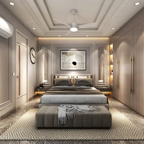 Symmetrical master bedroom with a fluted taupe wardrobe wall trimmed in brass pull handles, a coffered tray ceiling