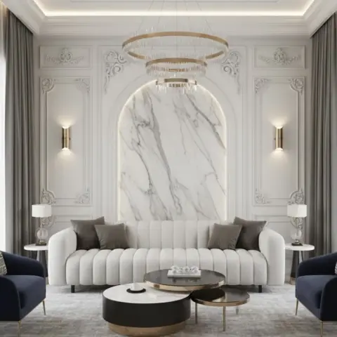 Symmetrical neoclassical living room render — a channel-tufted white sofa against a book-matched marble arch niche with a lit reveal