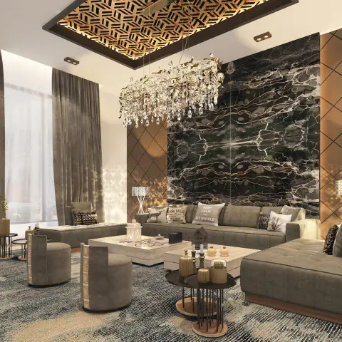 Tall-ceilinged living room render where a four-way book-matched dark marble slab is flanked by bronze-mirror diamond panels