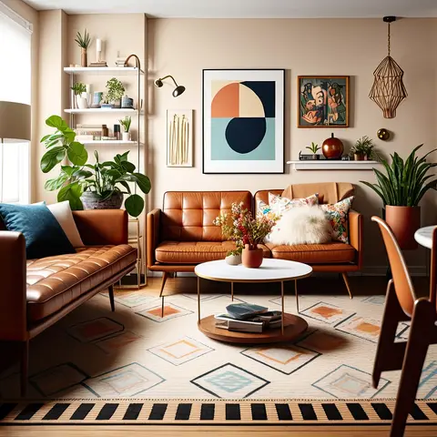 Tan leather mid-century sofas flank a round white coffee table on a diamond-patterned rug