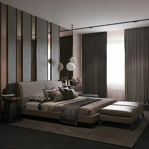 Taupe bed and matching ottoman bench against a vertical headboard wall of grey textured plaster strips split by slim bronze mirror ribs