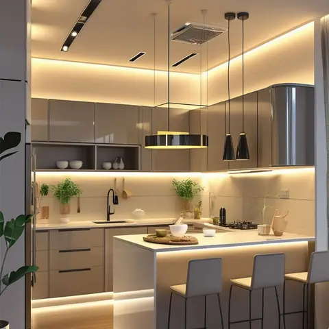 Taupe glossy kitchen with a white waterfall-edge island breakfast bar, three black-frame bar stools, and extensive LED cove and pendant lighting throughout.