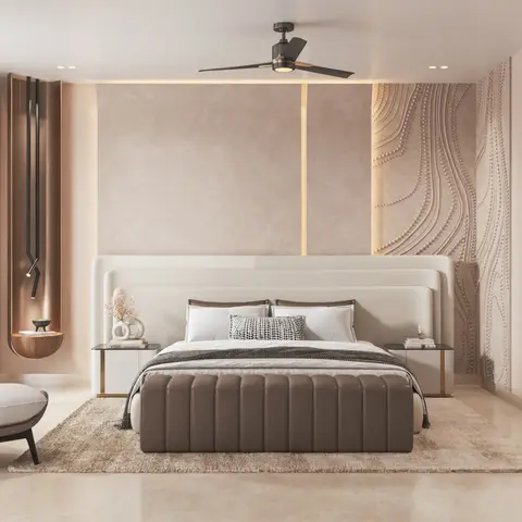 Taupe master bedroom with a beaded wave-texture accent panel behind a channel-tufted upholstered bed and a wall-mounted wood reading nook.