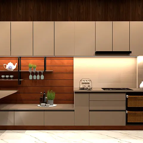 Taupe modular kitchen with a wood-panel backsplash niche for open shelving, under-cabinet lighting, and rattan-basket drawer fronts.